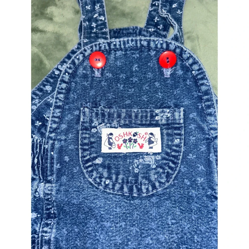 Vintage OshKosh Bgosh Vestbak Denim Jumper‎ Dress Teddy Bear Floral Blue 4T USA